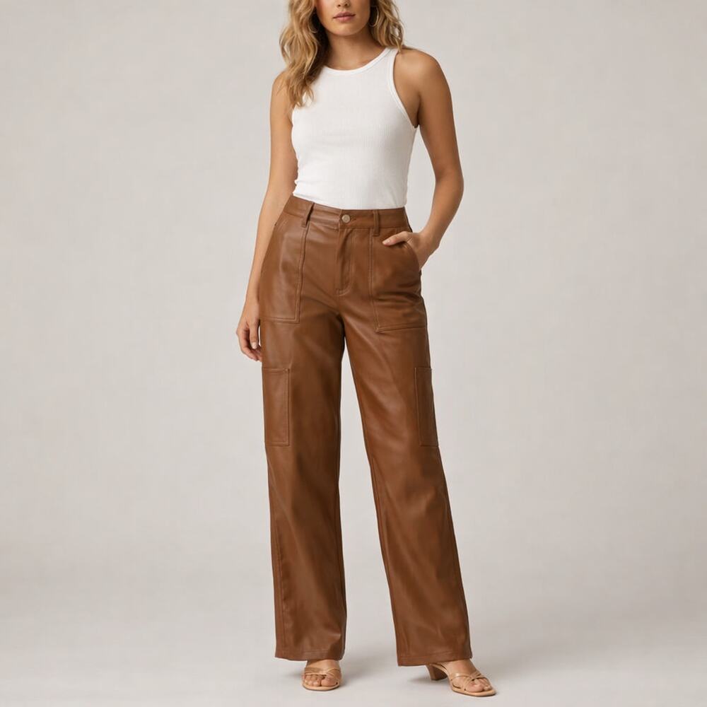 Sans Souci Faux leather High waist wide leg  pants Brown size S NWOT